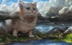  animal assasinmonkey blue_sky cat clouds cloudy_sky day fantasy grass mountain no_humans original outdoors oversized_animal river sky solo standing tree water 