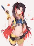  1girl bangs bare_shoulders belt black_hair blush breasts closed_mouth commentary eyebrows_visible_through_hair fate/grand_order fate_(series) gloves gun highres holding holding_gun holding_weapon ishtar_(fate/grand_order) jewelry kodamazon long_hair looking_at_viewer multicolored_hair navel parted_bangs red_eyes redhead ribbon shorts smile solo space_ishtar_(fate) sword two-tone_hair two_side_up very_long_hair vest weapon 