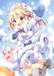  &gt;_&lt; 1girl :3 :d bangs blonde_hair blue_bow blue_capelet blue_eyes blue_mittens blurry blurry_foreground blush bow bow_panties brown_footwear capelet closed_eyes closed_mouth commentary_request depth_of_field dress eyebrows_visible_through_hair fur-trimmed_boots fur-trimmed_capelet fur-trimmed_dress fur-trimmed_mittens fur_trim grey_legwear hair_between_eyes long_hair looking_at_viewer mittens open_mouth original outstretched_arms pan_(mimi) panties pleated_skirt pom_pom_(clothes) red_bow skirt smile snowing solo spread_arms stuffed_animal stuffed_bunny stuffed_toy thigh-highs two_side_up underwear upper_teeth white_dress white_panties 