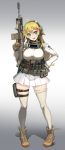  1girl :d absurdres assault_rifle battlefield_(series) battlefield_4 beige_legwear belt blonde_hair blue_eyes blush boots breasts full_body gloves gun hair_between_eyes hair_ornament hand_on_hip headset highres holding holding_gun holding_weapon long_hair looking_at_viewer ookuma_(nitroplus) open_mouth pleated_skirt pouch rifle skirt smile solo thigh-highs thigh_strap weapon 