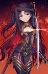  1girl aozora_nan arm_up bangs black_bodysuit black_hair bodysuit breasts commentary_request covered_navel eyebrows_visible_through_hair fate/grand_order fate_(series) glint grey_eyes groin hair_ornament highres holding holding_sword holding_weapon horns ishtar_(fate/grand_order) katana looking_at_viewer multicolored_hair parted_bangs redhead sheath small_breasts solo space_ishtar_(fate) sword two-tone_hair two_side_up unsheathed weapon 