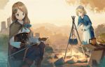  2girls blonde_hair blue_eyes bread brown_hair campfire cape capelet commentary cooking fantasy fire flower food gloves hair_flower hair_ornament long_hair multiple_girls original outdoors pot sharpening sitting sword tripod weapon yoshitake 