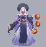  1girl absurdres deirdre_(fire_emblem) dress fire_emblem fire_emblem:_genealogy_of_the_holy_war full_body halloween_costume hat highres holding jack-o&#039;-lantern lantern lithety long_hair long_sleeves parted_lips purple_hair solo violet_eyes wide_sleeves witch_hat 