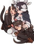  3girls antelope_ears antelope_horns australian_devil_(kemono_friends) bare_shoulders black_bow black_cape black_hair black_legwear black_neckwear black_shirt black_skirt blackbuck_(kemono_friends) blouse bow bowtie brown_footwear brown_gloves cape chin_stroking closed_eyes commentary_request curled_up detached_sleeves extra_ears eyebrows_visible_through_hair eyepatch fangs gloves hair_over_one_eye hand_on_another&#039;s_shoulder head_on_shoulder head_tilt highres horns igarashi_(nogiheta) kemono_friends loafers long_hair long_sleeves looking_at_another medical_eyepatch multicolored_hair multiple_girls open_mouth pantyhose pleated_skirt red_eyes seiza shirt shoes short_hair sitting skirt sleeping sleeping_on_person sleeveless smile tasmanian_devil_(kemono_friends) tasmanian_devil_ears tasmanian_devil_tail thigh-highs white_blouse white_hair white_legwear white_skirt zettai_ryouiki 