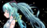  1girl aqua_eyes aqua_hair aqua_neckwear bare_shoulders black_background blurry bokeh character_name commentary depth_of_field drawn_wings floating_hair from_side grey_shirt hair_ornament hatsune_miku ichichan_39 long_hair looking_at_viewer looking_to_the_side necktie number_tattoo shirt shoulder_tattoo sleeveless sleeveless_shirt solo symbol_commentary tattoo twintails twitter_username upper_body very_long_hair vocaloid wings 