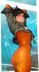  1girl arms_up ass black_hair bodysuit bomber_jacket breasts closed_eyes cropped_jacket eyebrows grey_jacket highres jacket lips no_bra orange_bodysuit overwatch overwatch_2 short_hair skin_tight sleeves_pushed_up small_breasts solo spiky_hair stretch tears tracer_(overwatch) waking_up yellowroom 
