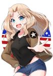  1girl :d american_flag black_shirt blonde_hair blue_eyes blue_shorts brown_jacket closed_mouth commentary cutoffs denim denim_shorts emblem flag_print girls_und_panzer hair_intakes hand_on_hip highres jacket kay_(girls_und_panzer) leaning_to_the_side light_blush long_hair long_sleeves looking_at_viewer midriff military military_uniform nakaba_neteru open_clothes open_jacket open_mouth outstretched_hand saunders_military_uniform shirt short_shorts shorts smile solo standing star uniform upper_body v-shaped_eyebrows 