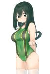  1girl absurdres asui_tsuyu black_eyes black_hair blush boku_no_hero_academia breasts collarbone commentary_request dohyuni818 green_hair green_swimsuit hair_rings highres long_hair looking_at_viewer low-tied_long_hair simple_background solo swimsuit thigh-highs white_background white_legwear 