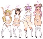  4girls :d :o \o/ ^_^ ahoge animal_ears arms_behind_back arms_up bare_shoulders black_hair blonde_hair blush_stickers breasts brown_eyes closed_eyes commentary ear_tag english_commentary eyebrows_visible_through_hair full_body fur green_eyes highres hooves horizontal_pupils horns iwbitu-sa legs_apart long_hair looking_at_viewer medium_breasts multiple_girls navel open_mouth original outstretched_arms parted_lips pink_hair purple_hair sheep_ears sheep_girl sheep_horns short_hair simple_background smile stomach upper_teeth white_background white_fur yellow_eyes 