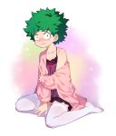  absurdres blush boku_no_hero_academia crossdressinging freckles full_body green_eyes green_hair highres lingerie looking_at_viewer midoriya_izuku negligee pantyhose sweatdrop thigh-highs tsubasa_tsubasa underwear white_legwear 