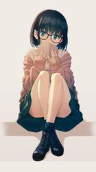  1girl ass bare_legs black-framed_eyewear black_footwear black_hair black_legwear black_skirt blue_eyes book boots brown_cardigan cardigan convenient_leg covering_mouth glasses hands_up highres holding holding_book hyuuga_azuri knees_up long_sleeves looking_at_viewer miniskirt off_shoulder open_cardigan open_clothes original pleated_skirt shadow shirt short_hair sidelocks sitting skirt socks solo white_shirt 