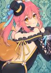  1girl animal_ear_fluff animal_ears bangs bare_shoulders black_dress black_headwear blue_bow blush bow brown_eyes closed_mouth cross-laced_clothes dress eyebrows_visible_through_hair fate/extra fate_(series) flower fox_ears fox_girl fox_tail hair_between_eyes hair_bow hand_up hat karokuchitose long_hair long_sleeves looking_at_viewer looking_back mini_hat mini_top_hat off-shoulder_dress off_shoulder pink_hair rose smile solo tail tail_raised tamamo_(fate)_(all) tamamo_no_mae_(fate) tilted_headwear top_hat twintails white_flower white_rose wide_sleeves 