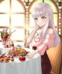  1girl alternate_costume cake chair closed_mouth cup cupcake fire_emblem fire_emblem:_three_houses food fork fruit holding holding_fork ice_cream long_hair long_sleeves lysithea_von_ordelia macaron pink_eyes plate sitting smile solo strawberry table teacup user_zjyt4387 white_hair window 