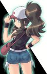  1girl ass bag baseball_cap black_background blue_eyes brown_hair denim denim_shorts exposed_pocket green_outline hand_on_hip hat highres long_hair looking_back m.m outline pokemon pokemon_(game) pokemon_bw ponytail short_shorts shorts solo standing touko_(pokemon) vest white_background 