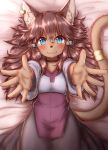  accessory blue_eyes blush breasts brown_ears brown_fur brown_hair cat choker clothed clothing dress ear_piercing earrings fangs fur furry gundam gundam_build_divers_re:rise hair hair_ornament hand_behind_head hi_res highres horokusa_(korai) inner_ear_fluff jewelry long_hair looking_at_viewer maiya_(gundam_build_divers_re:rise) mammal necklace piercing simple_background single_earring small_breasts solo tail tail_ring 