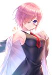  /\/\/\ 1girl armpits bangs bare_shoulders black-framed_eyewear black_dress blush breasts closed_mouth collared_dress commentary_request dress eyebrows_visible_through_hair fate/grand_order fate_(series) glasses grey_jacket hair_over_one_eye hand_up highres jacket long_sleeves looking_at_viewer mash_kyrielight medium_breasts necktie notice_lines off_shoulder open_clothes open_jacket pink_hair red_neckwear short_hair simple_background single_bare_shoulder sleeves_past_wrists smile solo tomo_(user_hes4085) unzipped upper_body violet_eyes white_background white_jacket 