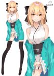  1girl absurdres ahoge artist_name bangs bare_shoulders black_bow black_legwear blonde_hair blush bow breasts commentary_request eyebrows_visible_through_hair fate/grand_order fate_(series) full_body hair_between_eyes hair_bow highres japanese_clothes kimono long_legs looking_at_viewer multiple_views okita_souji_(fate) okita_souji_(fate)_(all) shiina_aoi short_hair simple_background smile thigh-highs white_background yellow_eyes 