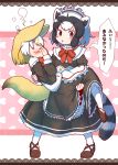  2girls alternate_costume animal_ears apron black_footwear black_hair blonde_hair blush bow bowtie brown_eyes carrying closed_eyes commentary_request covering_face dress embarrassed enmaided extra_ears eyebrows_visible_through_hair fennec_(kemono_friends) fox_ears fox_tail frilled_dress frills full_body furrowed_eyebrows hands_on_own_face heart heart_background highres kemono_friends long_dress long_sleeves maid maid_headdress medium_hair multicolored_hair multiple_girls open_mouth princess_carry raccoon_ears raccoon_tail rakugakiraid shoes sidelocks socks striped striped_tail tail translated waist_apron white_hair white_legwear 