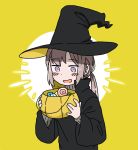  1girl anyan_(jooho) candy english_commentary food girls_frontline grey_hair halloween halloween_basket halloween_costume happy hat lollipop m200_(girls_frontline) ponytail robe solo violet_eyes witch witch_hat 