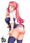  1girl ass belt fire_emblem fire_emblem:_three_houses garreg_mach_monastery_uniform hilda_valentine_goneril long_hair panties parted_lips pink_eyes pink_hair revolverwing short_sleeves simple_background solo thigh-highs twintails underwear uniform white_background white_panties 