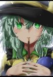  1girl absurdres bangs black_headwear blush bow commentary_request food food_in_mouth frilled_shirt_collar frills green_eyes green_hair hair_between_eyes hat hat_bow highres komeiji_koishi letterboxed looking_at_viewer mouth_hold oshiaki own_hands_together pocky pocky_day shirt short_hair simple_background solo third_eye touhou upper_body white_background yellow_bow yellow_shirt 