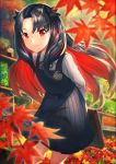  1girl arms_behind_back autumn autumn_leaves bangs belt_buckle black_dress black_hair black_ribbon blurry blurry_foreground blush buckle closed_mouth commentary_request day depth_of_field dress eyebrows_visible_through_hair fate/grand_order fate_(series) feet hair_ribbon holding ishtar_(fate/grand_order) kyon_(fuuran) leaf leaning_forward long_hair long_sleeves looking_at_viewer maple_leaf multicolored_hair outdoors parted_bangs pinafore_dress railing red_eyes red_ribbon redhead ribbon school_briefcase school_uniform shirt smile solo space_ishtar_(fate) standing two-tone_hair two_side_up very_long_hair white_shirt 