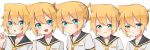  5boys akikan_sabago bass_clef black_collar blonde_hair blue_eyes blush collar commentary expressionless expressions furrowed_eyebrows headphones headset kagamine_len looking_at_viewer male_focus multiple_boys multiple_persona necktie open_mouth parted_lips pout sad sailor_collar school_uniform shirt short_hair short_ponytail short_sleeves smile spiky_hair upper_body v-shaped_eyebrows vocaloid white_shirt yellow_neckwear 