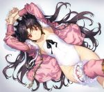  1girl arms_up asymmetrical_legwear black_hair commentary commentary_request earrings fate/grand_order fate_(series) fur-trimmed_legwear fur_trim hoop_earrings ishtar_(fate/grand_order) ishtar_(swimsuit_rider)_(fate) jacket jewelry long_hair looking_at_viewer lying on_back pink_jacket pink_legwear red_eyes saitou_masatsugu shiny shiny_hair single_thighhigh solo swimsuit thigh-highs tiara twintails white_swimsuit 