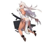  1girl alternate_costume animal_ears arm_up ass bare_legs breasts china_dress chinese_clothes dark_skin detached_sleeves dress fangdan_runiu from_behind full_body girls_frontline gun high_heels kneeling long_hair looking_at_viewer looking_back m590_(girls_frontline) medium_breasts official_art panties shotgun side-tie_panties side_slit sideboob sidelocks sleeves_past_wrists solo torn_clothes torn_dress transparent_background underwear very_long_hair weapon white_dress white_hair yellow_eyes 