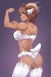  1girl animal_ears aqua_eyes ass bad_id bad_tumblr_id bare_arms bare_shoulders breasts brown_hair commentary curled_horns dark_skin english_commentary eyebrows_visible_through_hair flexing fur grin highres horizontal_pupils horns iwbitu-sa looking_at_viewer medium_breasts muscle muscular_female original pose sheep_ears sheep_girl sheep_horns sheep_tail short_hair simple_background smile solo tail teeth white_fur 