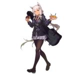  1girl alternate_costume animal_ears bangs black_footwear black_legwear blonde_hair breasts cat_ears collared_shirt dark_skin doughnut eating fangdan_runiu food full_body girls_frontline gradient_hair hair_ornament hairclip holding holding_food large_breasts loafers long_hair long_sleeves looking_at_viewer m590_(girls_frontline) multicolored_hair official_art pantyhose plaid plaid_skirt pleated_skirt purple_cardigan purple_skirt red_neckwear school_uniform shirt shoes skirt snap-fit_buckle solo transparent_background walking weapon_bag white_hair white_shirt yellow_eyes 