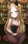  1girl abigail_williams_(fate/grand_order) alcohol animal_ears bangs bare_shoulders blonde_hair blue_eyes bow breasts commentary_request covered_navel fate/grand_order fate_(series) fishnet_legwear fishnets hair_bow highres long_hair looking_at_viewer orange_bow pantyhose parted_bangs parusu_(ehyfhugj) rabbit_ears small_breasts solo 