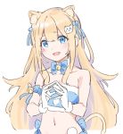  1girl :d animal_ear_fluff animal_ears arm_ribbon bandeau bare_shoulders bell blue_eyes blue_ribbon bow bowtie brown_hair cat_ears cat_girl cat_hair_ornament cat_tail collarbone crop_top extra_ears facial_mark gloves hair_ornament heart jingle_bell long_hair looking_at_viewer midriff nyum open_mouth original ribbon sidelocks simple_background smile solo steepled_fingers tail upper_body white_background white_gloves 