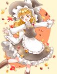  1girl :d acorn apron autumn black_skirt black_vest blonde_hair boots braid brown_footwear contrapposto cross-laced_footwear eyebrows_visible_through_hair feet_out_of_frame ginkgo_leaf hair_ribbon hat hat_ribbon high_collar highres kirisame_marisa leaf leaning_to_the_side long_hair long_sleeves maple_leaf mushroom open_mouth orange_background outstretched_arms petticoat ribbon shirt single_braid skirt smile solo spread_arms standing standing_on_one_leg symbol_commentary touhou tress_ribbon two-tone_background very_long_hair vest waist_apron white_shirt witch_hat yellow_background yellow_eyes yurigaoka_nayuki 