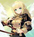  1girl blonde_hair closed_mouth dollinger fire_emblem fire_emblem:_three_houses garreg_mach_monastery_uniform green_eyes ingrid_brandl_galatea long_hair long_sleeves medal smile solo uniform upper_body 