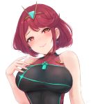  1girl bangs bare_shoulders black_swimsuit blush breasts closed_mouth collarbone commentary competition_swimsuit earrings english_commentary gem hand_on_own_chest head_tilt pyra_(xenoblade) impossible_clothes impossible_swimsuit jewelry large_breasts leonmandala looking_at_viewer one-piece_swimsuit red_eyes redhead short_hair simple_background smile solo swept_bangs swimsuit tiara upper_body white_background xenoblade_(series) xenoblade_2 