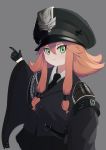  1girl :3 armband ash_arms black_gloves commentary_request gloves green_eyes grey_background hand_on_hip hat highres looking_at_viewer military military_uniform necktie orange_hair oversized_clothes peaked_cap solo sword tsurime uniform user_ggcu3377 weapon wide_sleeves 