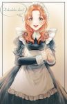  1girl absurdres annette_fantine_dominic blue_eyes english_text fire_emblem fire_emblem:_three_houses highres long_hair long_sleeves maid maid_headdress open_mouth orange_hair prune6ange simple_background solo 