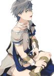  1boy alternate_costume artist_name ashe_ubert bracelet fire_emblem fire_emblem:_three_houses freckles green_eyes grey_hair jewelry necklace open_mouth sandals sitting solo ushiomi white_background 