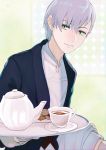  1boy alternate_costume ashe_ubert cookie cup fire_emblem fire_emblem:_three_houses food freckles gloves green_eyes grey_hair solo teacup teapot upper_body ushiomi 