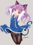  1girl :d alice_gear_aegis animal_ears arms_up ass_visible_through_thighs bangs blue_dress blush brown_footwear brown_legwear cat_ears cat_girl cat_tail collared_dress collared_shirt commentary_request dress eyebrows_visible_through_hair fang frilled_dress frills full_body grey_background head_tilt highres ichijou_ayaka loafers looking_at_viewer open_mouth panties panties_under_pantyhose pantyhose purple_hair shirt shoes simple_background sleeveless sleeveless_dress smile solo tail tamayan thigh_gap thighband_pantyhose twintails twitter_username underwear v-shaped_eyebrows violet_eyes white_shirt 