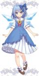  1girl adapted_costume ahoge bangs beni_kurage black_footwear blue_bow blue_dress blue_eyes blue_hair blush bobby_socks bow cirno commentary_request dress eyebrows_visible_through_hair flower frilled_bow frilled_shirt_collar frills full_body grin hair_bow highres ice ice_wings looking_at_viewer mary_janes petticoat red_neckwear red_ribbon ribbon see-through_sleeves shoes short_hair short_sleeves simple_background smile socks solo sunflower touhou white_background white_legwear wings 