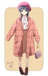  1girl ankle_boots ascot bag bangs beret black_footwear blue_hair boots brown_background brown_skirt casual closed_mouth coat dated eyebrows_visible_through_hair full_body handbag hat hibike!_euphonium high-waist_skirt highres holding holding_bag long_hair long_sleeves nii_manabu pink_coat pink_headwear plaid plaid_coat shirt sidelocks signature skirt sleeves_past_wrists solo standing unbuttoned unmoving_pattern violet_eyes white_neckwear white_shirt winter_clothes winter_coat yoroizuka_mizore 