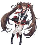  1girl alternate_costume animal_ear_fluff animal_ears backpack bag bangs bell blue_footwear blue_vest blush boots breasts brown_eyes brown_hair cat_ears cat_tail collared_shirt damaged double-breasted eyebrows_visible_through_hair fang food food_in_mouth full_body girls_frontline gun hair_bell hair_between_eyes hair_ornament hair_ribbon holding holding_gun holding_weapon jingle_bell long_hair long_sleeves looking_at_viewer nagu necktie official_art open_mouth petticoat qbz-97_(girls_frontline) red_neckwear red_ribbon red_skirt ribbon school_bag school_uniform shirt skin_fang skirt tail tail_bell thigh-highs thigh_strap torn_clothes transparent_background twintails very_long_hair vest weapon white_legwear white_shirt 