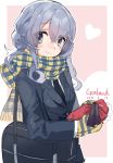  1girl alternate_costume bag black_neckwear blazer blue_eyes blue_hair border character_name commentary_request dated eyebrows_visible_through_hair gotland_(kantai_collection) hair_bun heart heart_background highres jacket kantai_collection long_hair looking_at_viewer mittens mole mole_under_eye necktie picoli1313 pink_background plaid plaid_scarf scarf school_bag sidelocks smile solo two-tone_background upper_body white_border 