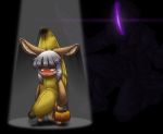  1boy 1girl angry animal_ears banana blush bondrewd bune_poster eyebrows_visible_through_hair food fruit furry halloween halloween_basket halloween_costume highres made_in_abyss md5_mismatch nanachi_(made_in_abyss) spotlight white_hair yellow_eyes 