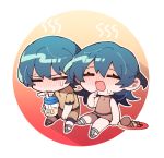  1boy 1girl blush byleth_(fire_emblem) byleth_eisner_(female) byleth_eisner_(male) chibi closed_eyes closed_mouth cup drinking_straw egg fire_emblem fire_emblem:_three_houses friedbirdchips open_mouth plate short_sleeves sitting sleeveless 