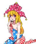  1girl american_flag_dress american_flag_legwear anteti_ba bangs bare_arms bare_shoulders blonde_hair blue_dress blue_legwear blush breasts bruise chinese_commentary clownpiece commentary_request dress fang hair_between_eyes hand_up hat injury jester_cap long_hair looking_at_viewer no_shoes open_mouth pantyhose polka_dot polka_dot_hat red_dress red_legwear short_dress simple_background sitting small_breasts solo star striped striped_dress striped_legwear tears thighs torn_clothes torn_dress torn_legwear touhou trembling violet_eyes wariza white_background white_dress white_legwear 