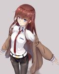  1girl bangs belt black_legwear blue_eyes breast_pocket breasts brown_coat brown_hair coat collared_shirt commentary_request eyebrows_visible_through_hair from_above grey_background highres long_hair long_sleeves looking_at_viewer looking_up makise_kurisu necktie off_shoulder open_clothes open_coat pantyhose parted_lips pocket red_neckwear shirt short_shorts shorts sidelocks simple_background small_breasts smile solo steins;gate wata0933 white_shirt 