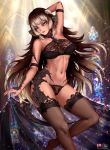  1girl arm_strap arm_up armpits au_ra bangs black_bra black_legwear black_panties blonde_hair blue_eyes blush bra breasts dragon_horns dragon_tail eyebrows_visible_through_hair final_fantasy final_fantasy_xiv foxy_rain head_tilt highres horns indoors lingerie long_hair looking_at_viewer medium_breasts navel navel_piercing panties parted_lips piercing scales see-through signature solo standing tail thigh-highs underwear underwear_only watermark web_address 